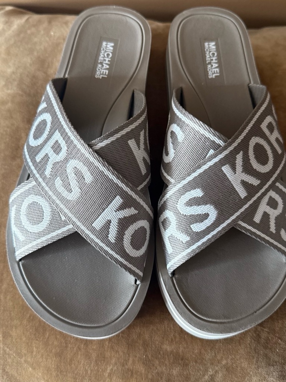 Michael Kors Taupe Logo Crisscross Slide Sandals
